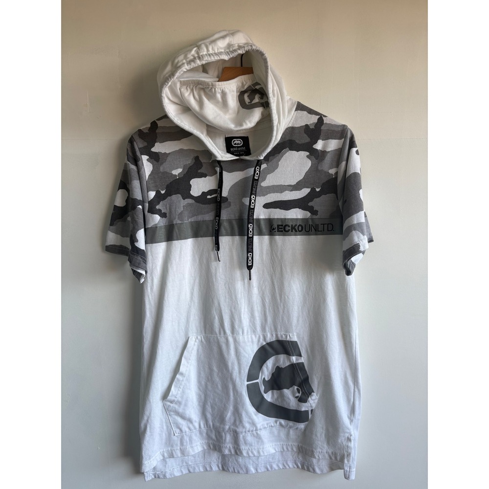 Ecko Unltd Mens Grey Camo Short Sleeve Hoodie Face Mask Gaiter White Medium